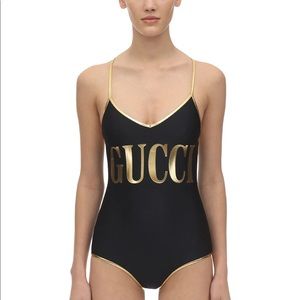 NWT Gucci Black Gold Logo One-Piece Swimsuit Size Large L